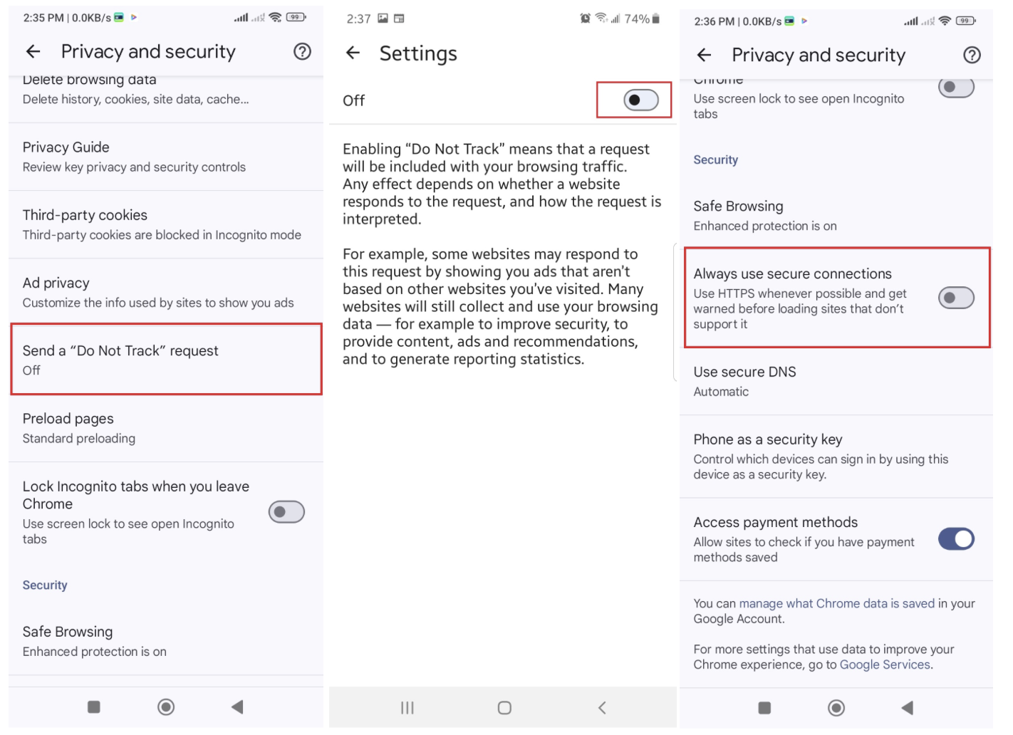 Toggle on the Send a “Do Not Track” request option